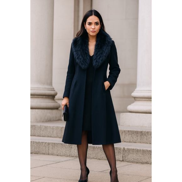 Alice + Olivia Fox Fur Mob Wife Long Wool Trench Coat Jacket Button Medium Black - Picture 1 of 13